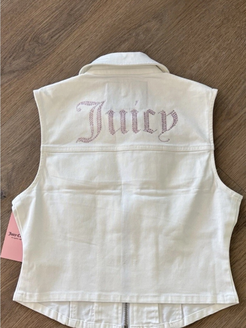 Juicy Couture White Denim Vest with Pink Rhinestone 'Juicy' Back Logo